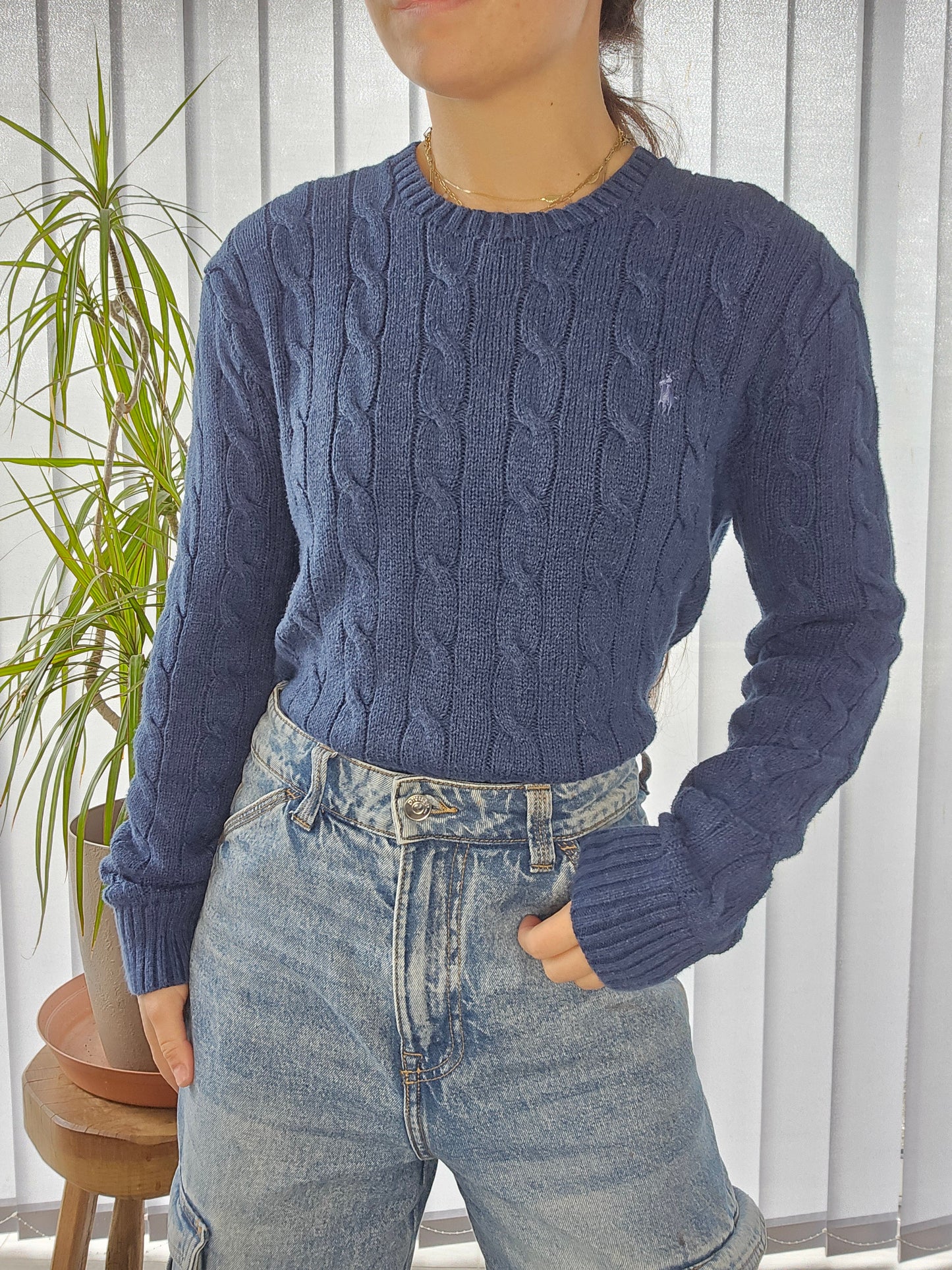 Pull en maille torsadée bleu - XS homme (ou XS oversize)