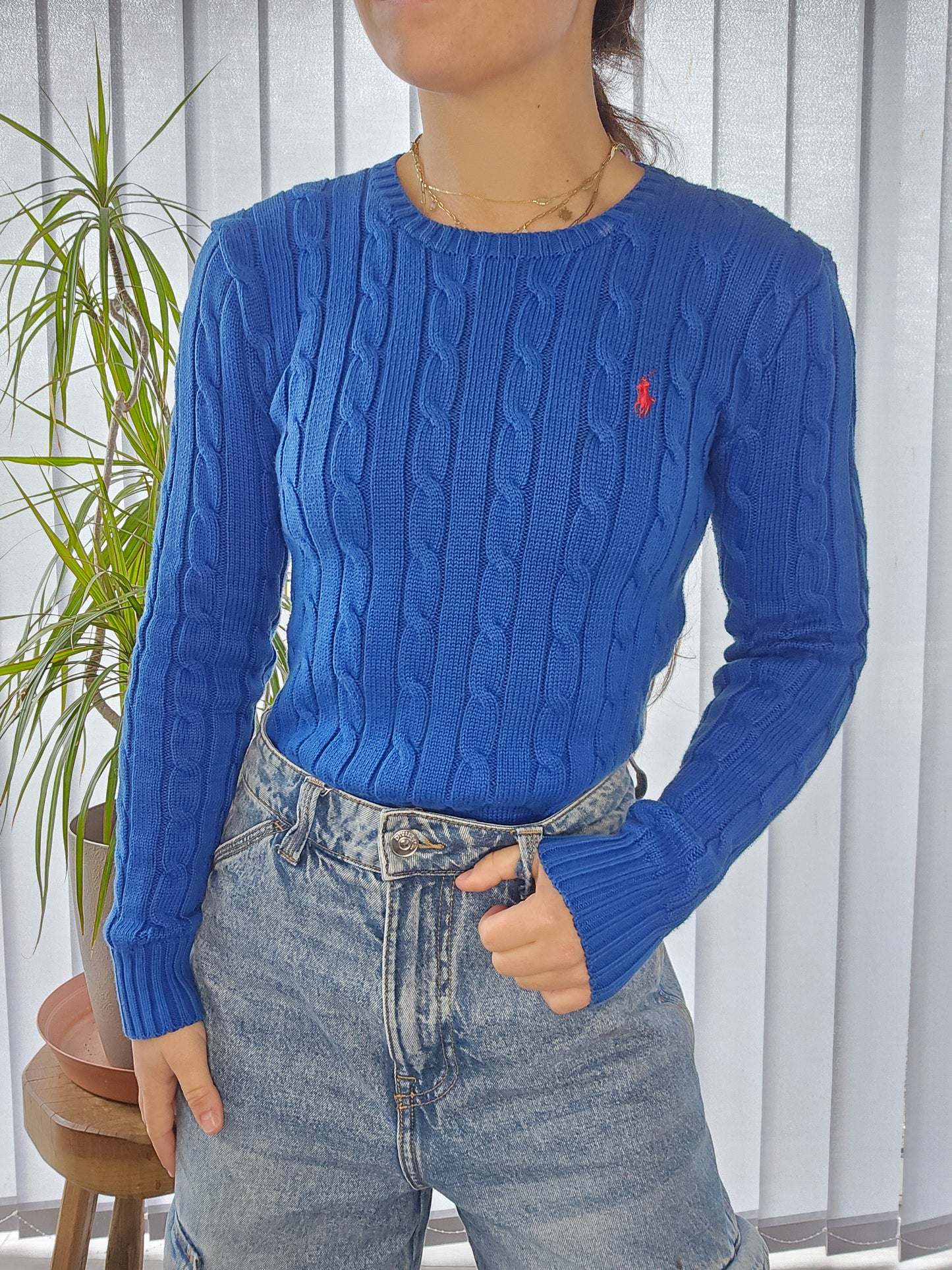 Pull en maille torsadée bleu électrique - XS/34