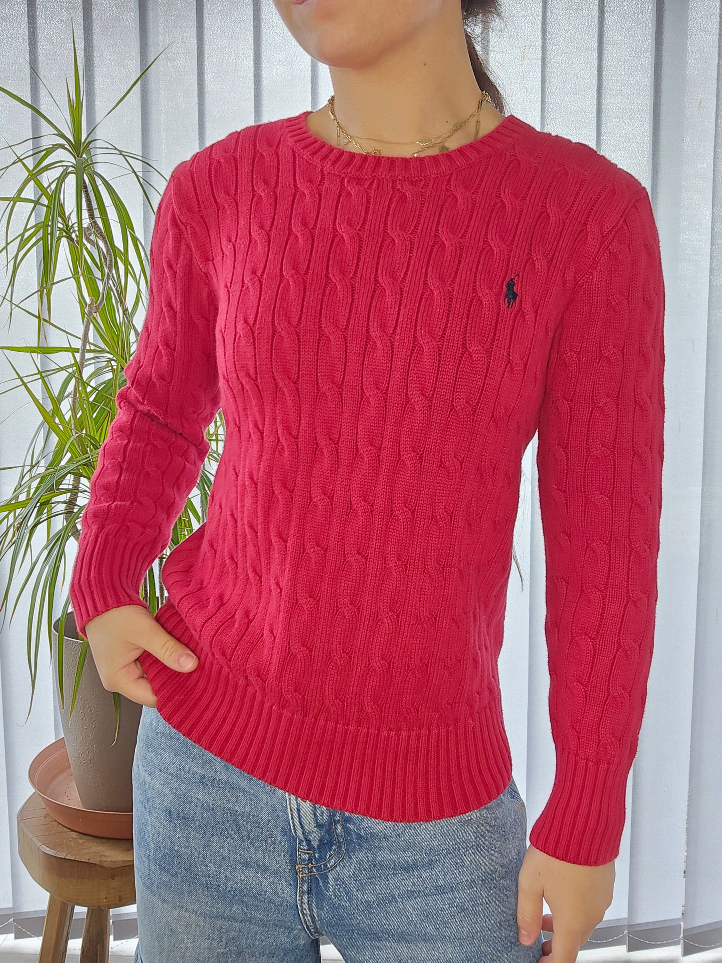 Pull en maille torsadée rouge - XS/34