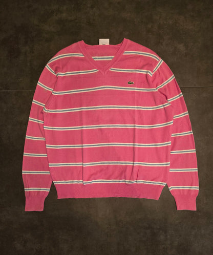 Pull en maille fine rose à rayures des années 90' - L/40