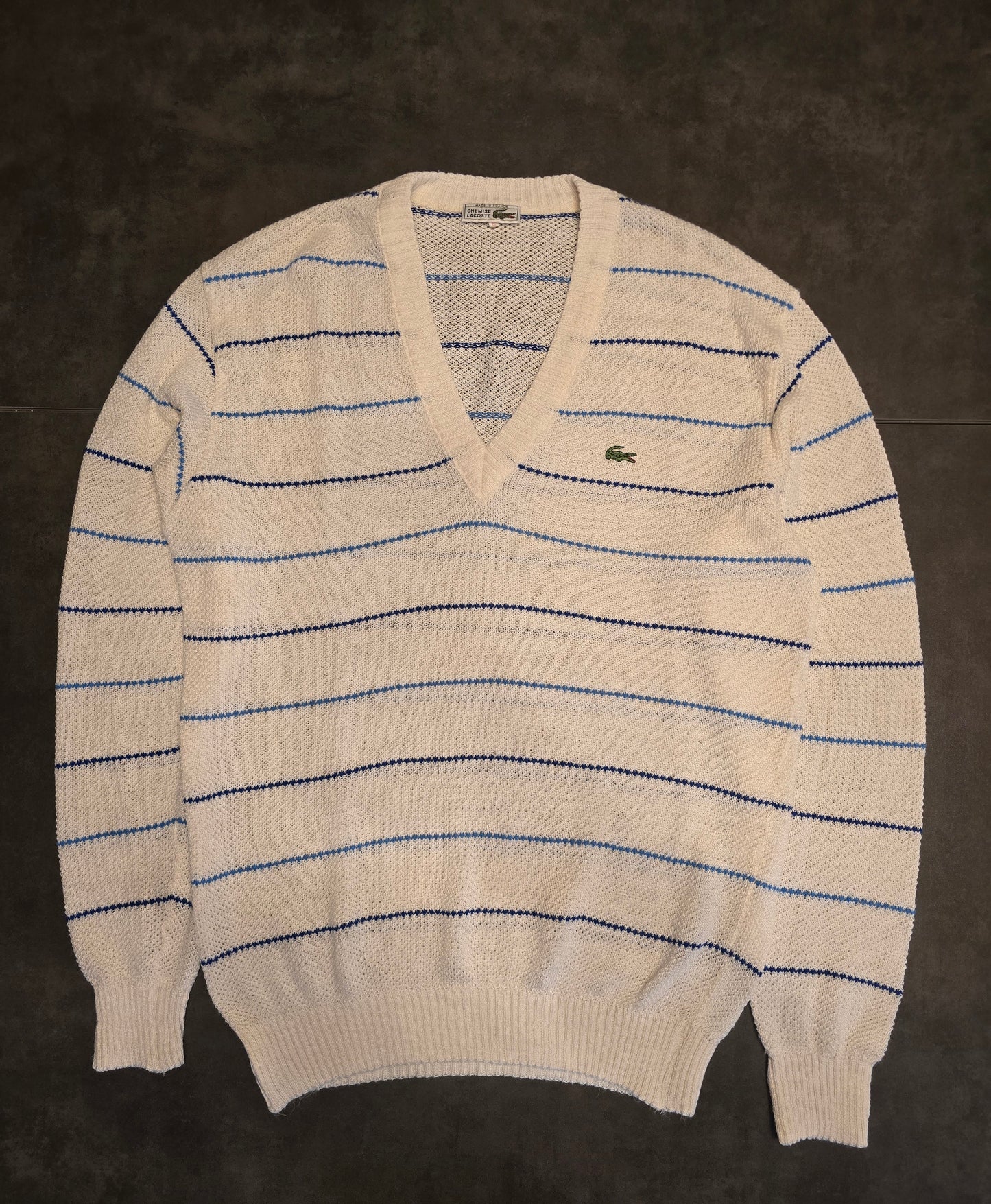 Pull col V blanc en maille piquée des années 80' fabriqué en France - XL/42