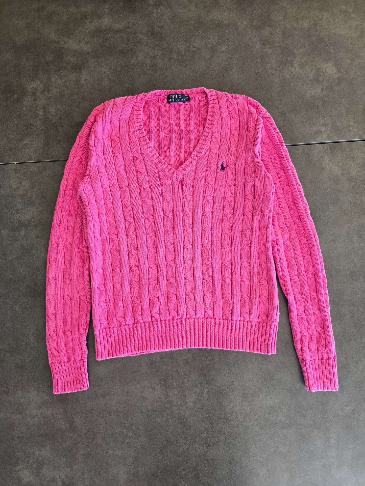 Pull col V en maille torsadée rose - S/36