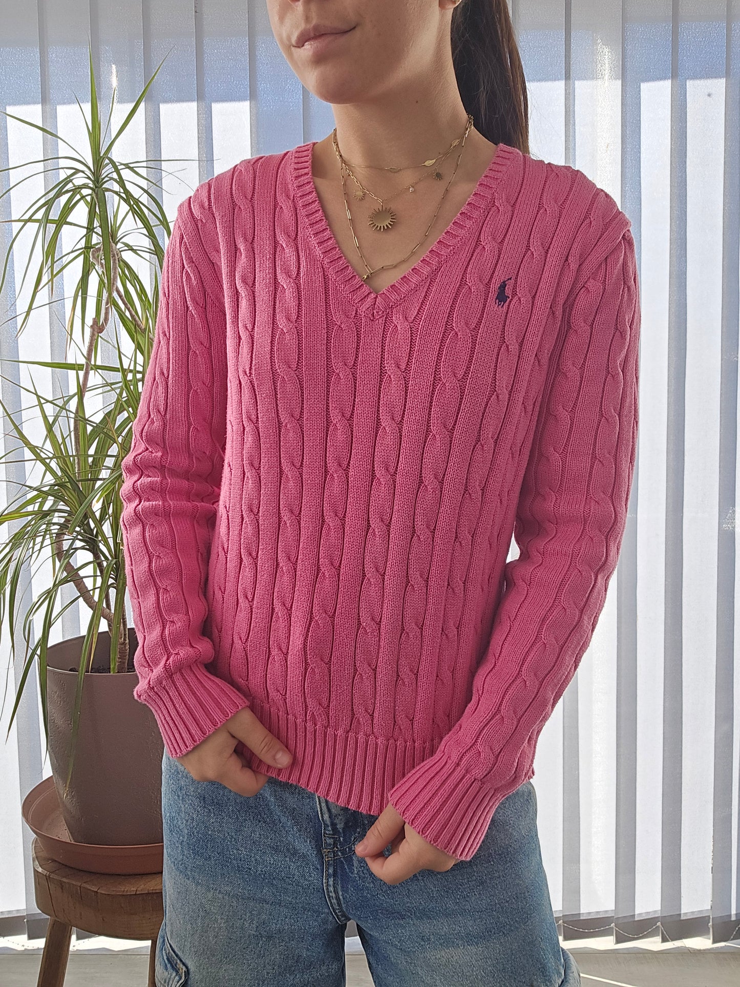 Pull col V en maille torsadée rose - S/36