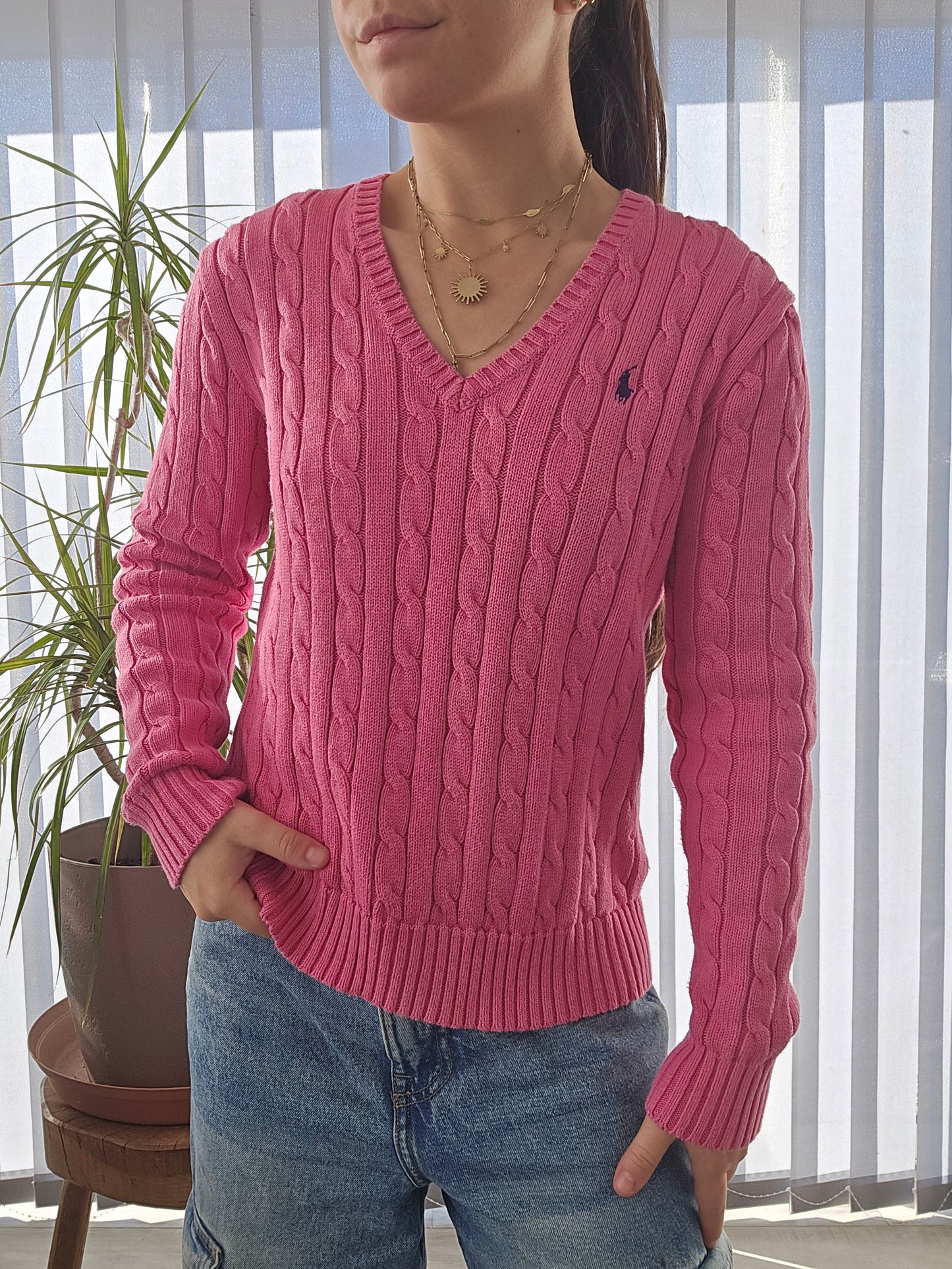 Pull col V en maille torsadée rose - S/36