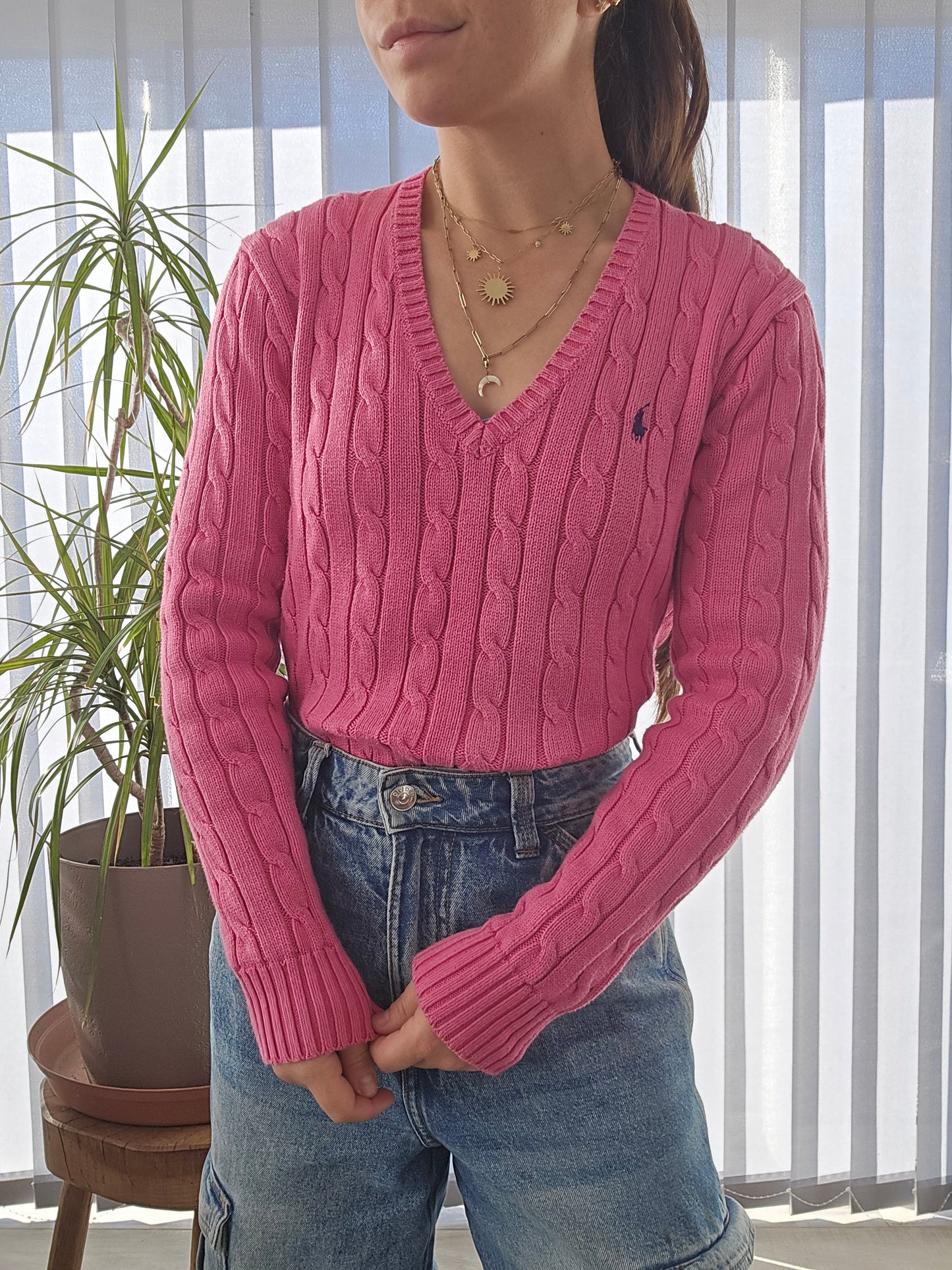 Pull col V en maille torsadée rose - S/36