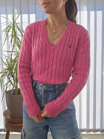 Pull col V en maille torsadée rose - S/36