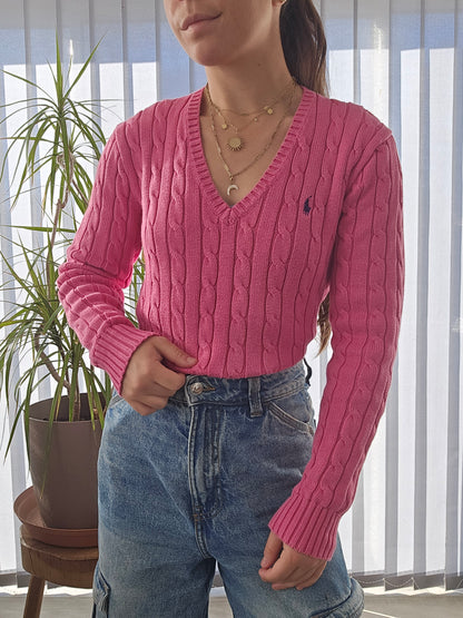 Pull col V en maille torsadée rose - S/36