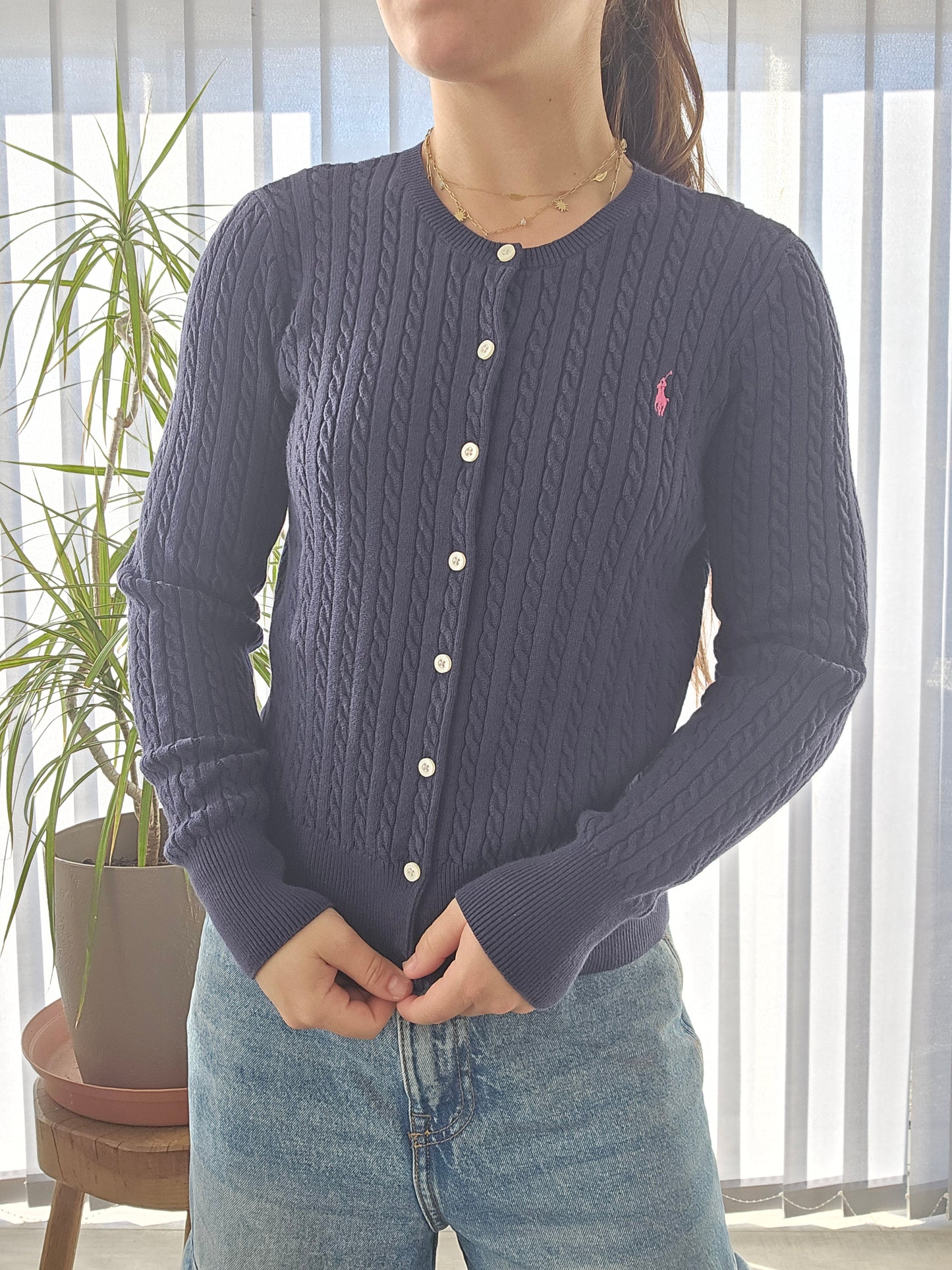 Cardigan en maille torsadée marine - XS/34