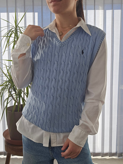 Pull sans manches en maille torsadée bleu ciel - XS/34