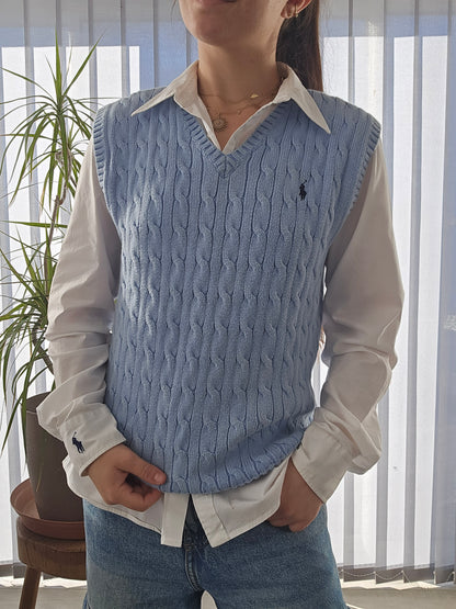 Pull sans manches en maille torsadée bleu ciel - XS/34