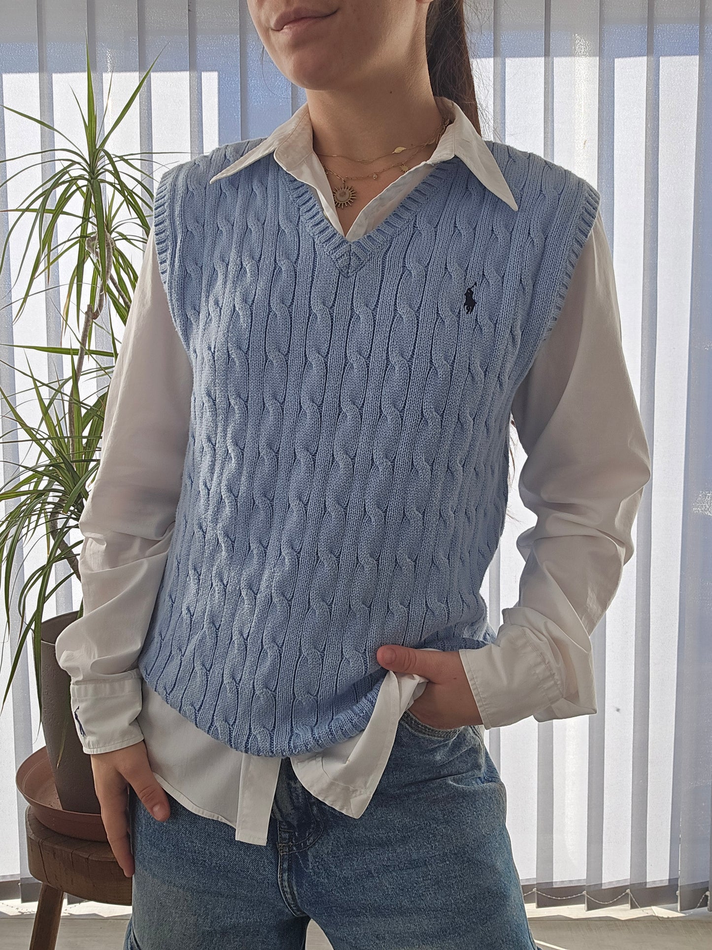 Pull sans manches en maille torsadée bleu ciel - XS/34