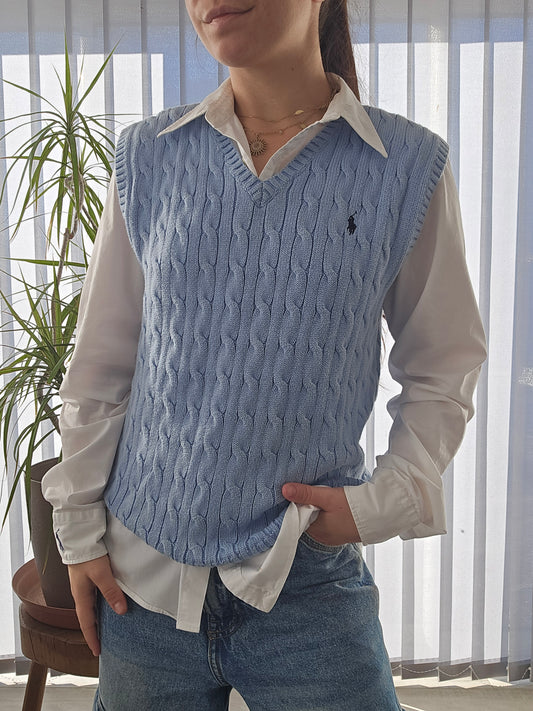 Pull sans manches en maille torsadée bleu ciel - XS/34