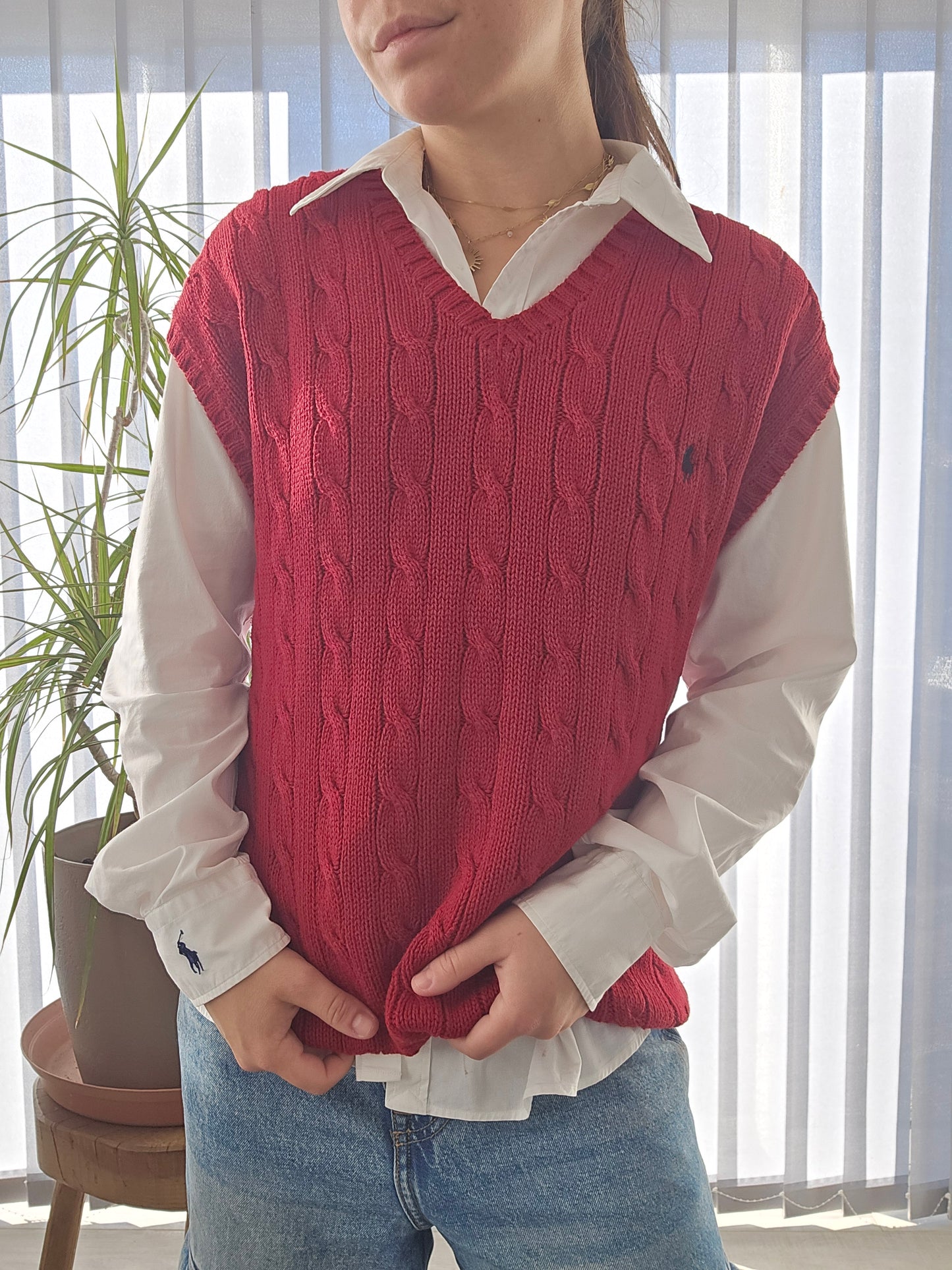 Pull sans manches en maille torsadée rouge - XL/42