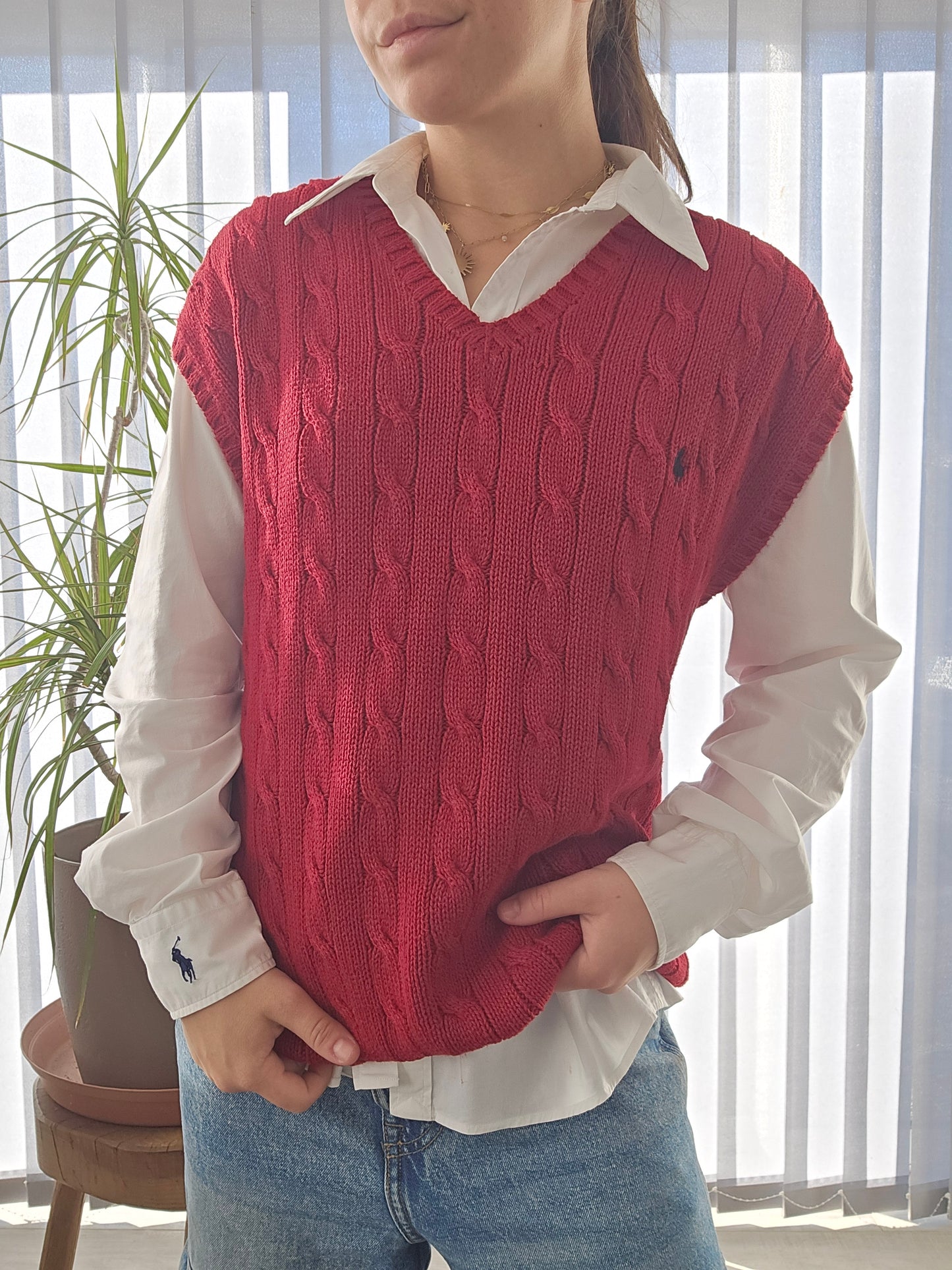 Pull sans manches en maille torsadée rouge - XL/42