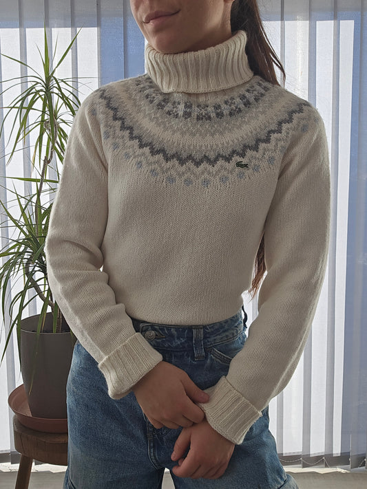 Pull col roulé blanc à motifs vintages bleu des années 90' - XS/S