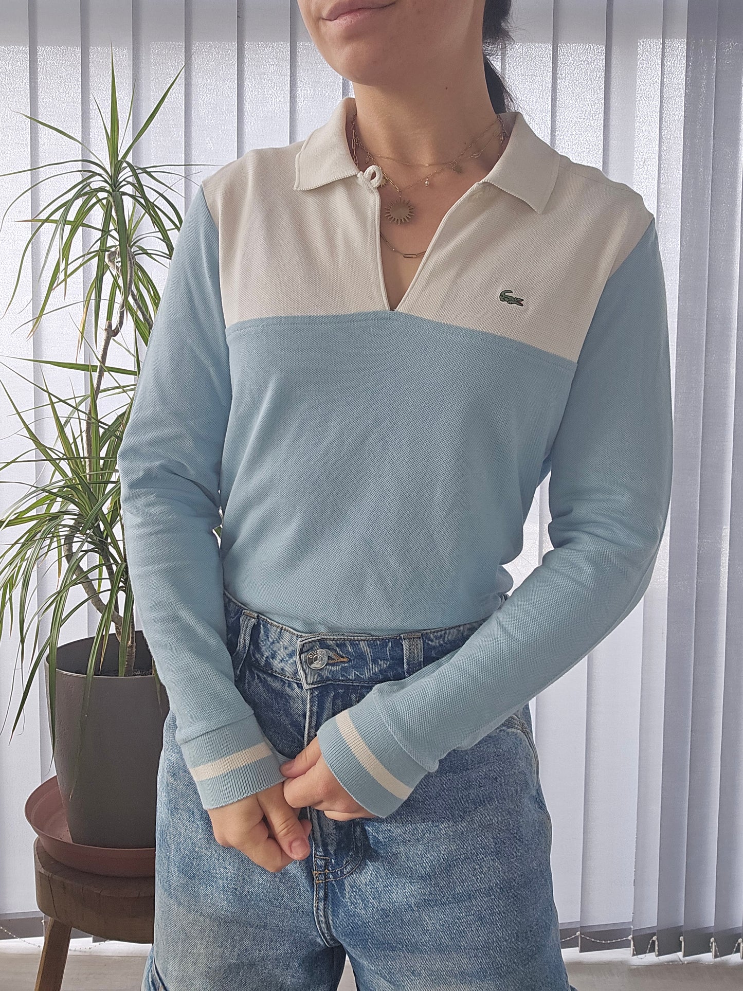 Polo manches longues bleu/blanc des années 90' - S/36