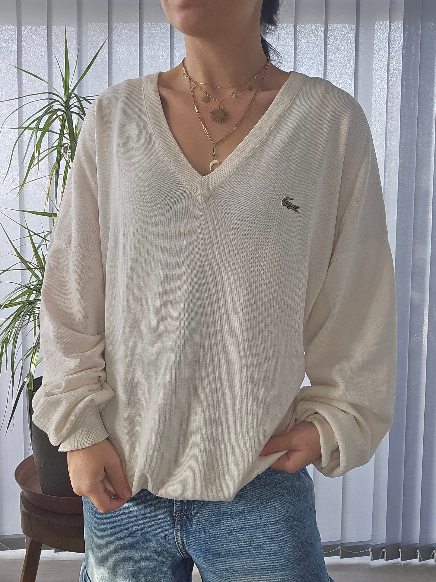 Pull col V crème des années 80' fabriqué en France - XL/42