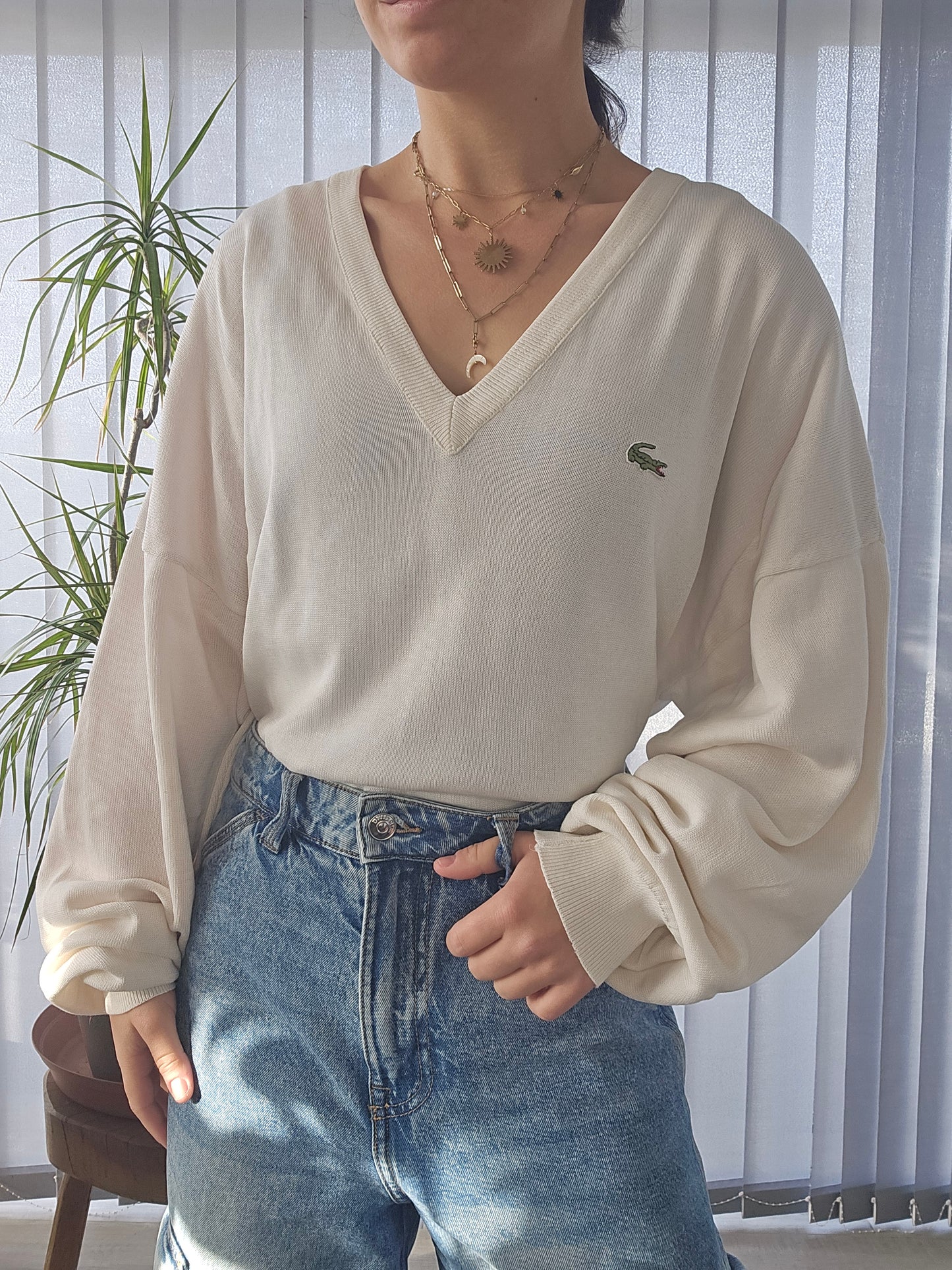 Pull col V crème des années 80' fabriqué en France - XL/42