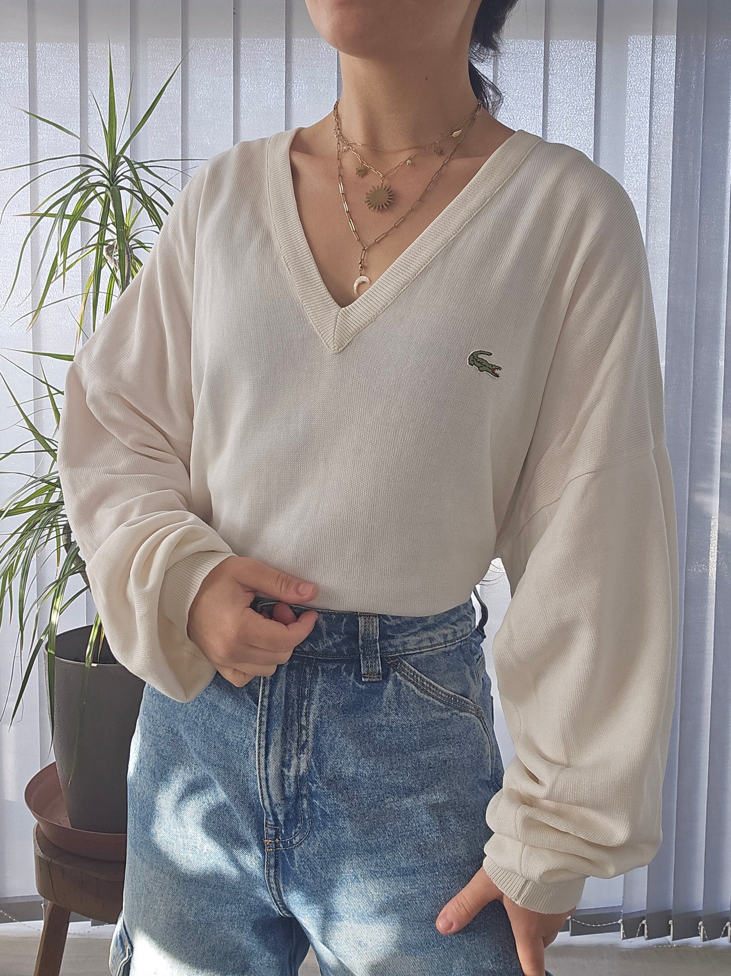 Pull col V crème des années 80' fabriqué en France - XL/42