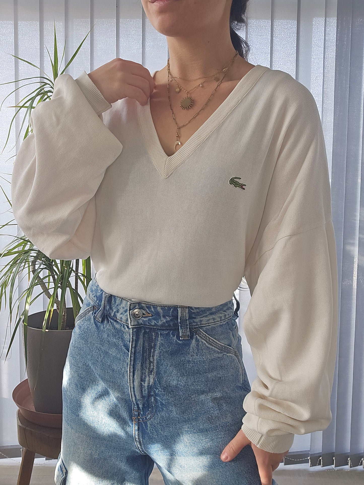 Pull col V crème des années 80' fabriqué en France - XL/42