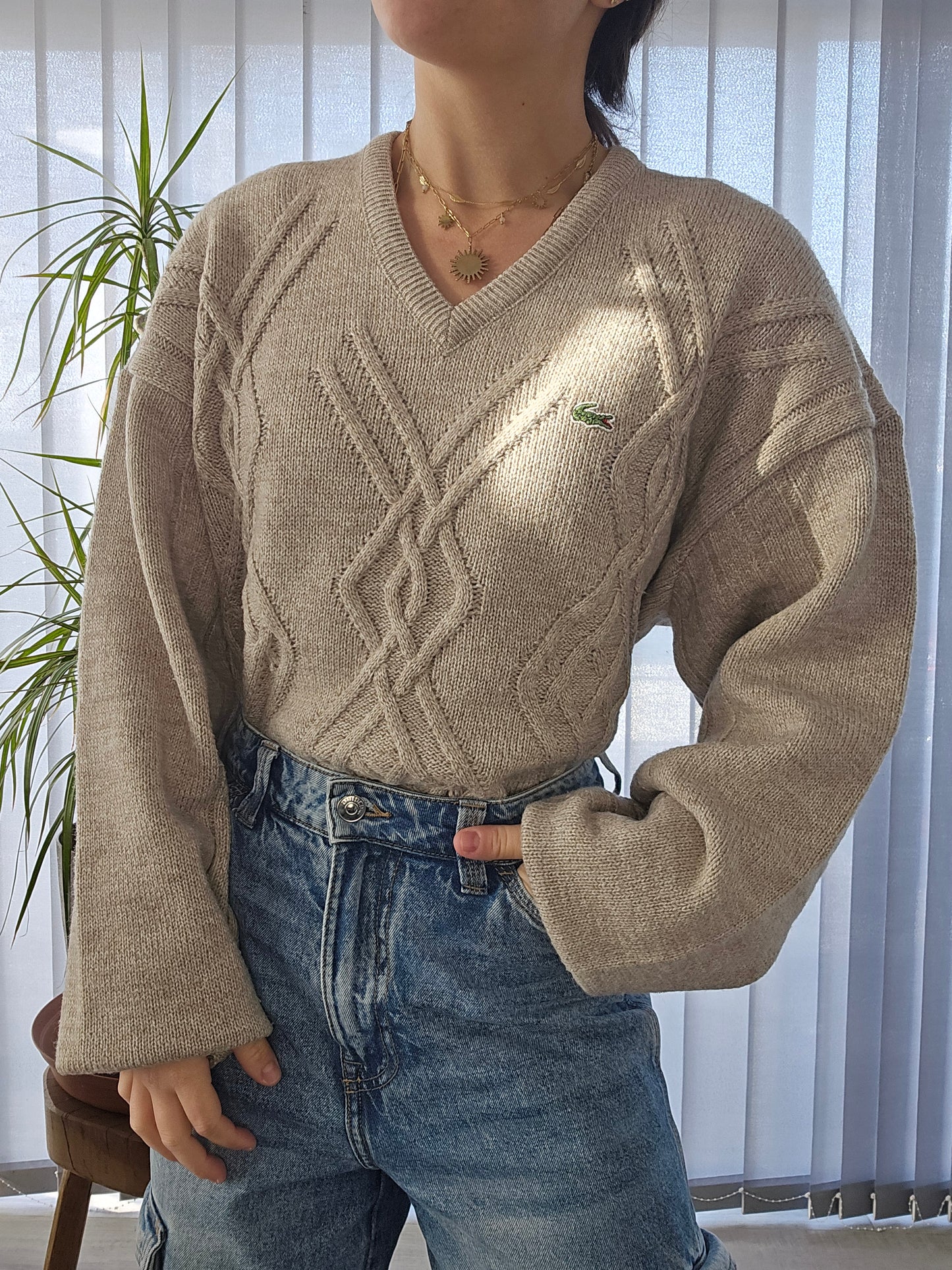 Pull col V en maille épaisse des années 90' - XL/42