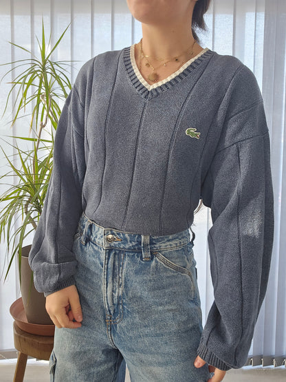 Pull col V bleu en maille des années 80' - L/40