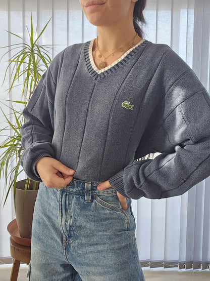 Pull col V bleu en maille des années 80' - L/40