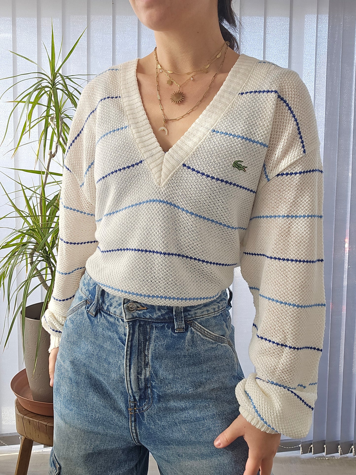 Pull col V blanc en maille piquée des années 80' fabriqué en France - XL/42