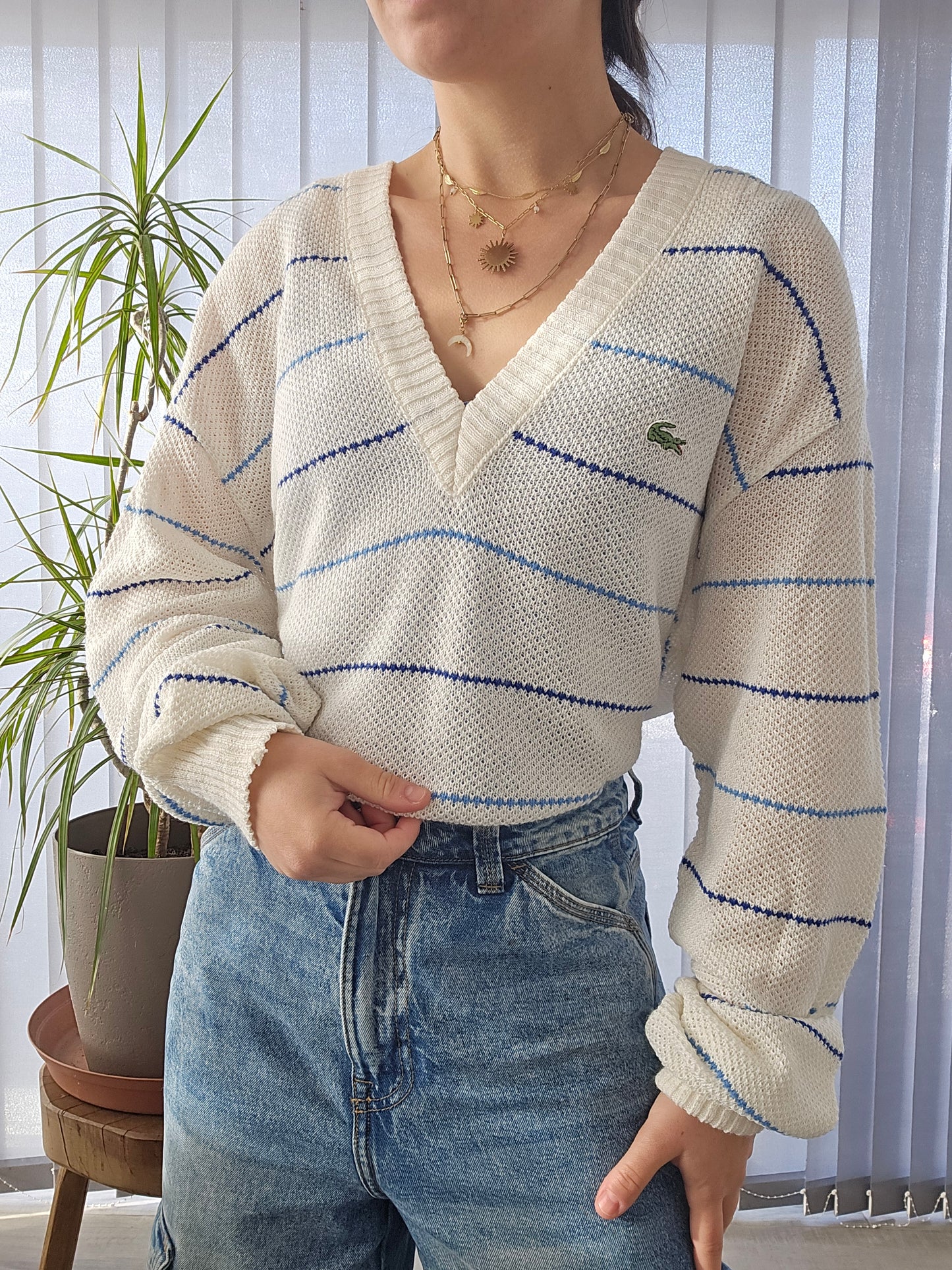 Pull col V blanc en maille piquée des années 80' fabriqué en France - XL/42