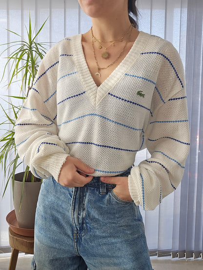 Pull col V blanc en maille piquée des années 80' fabriqué en France - XL/42