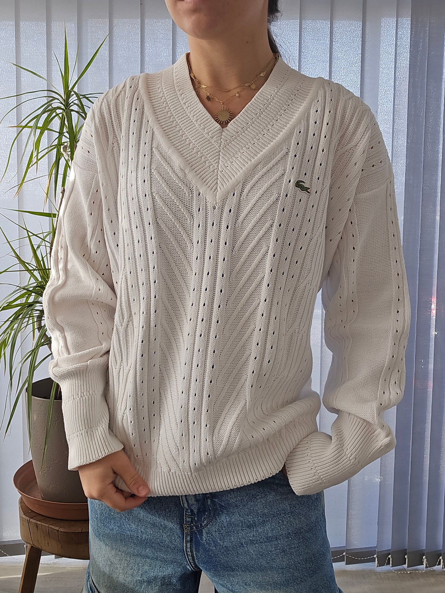 Pull col V blanc des années 80' - M/L