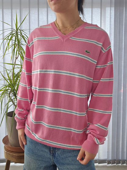 Pull en maille fine rose à rayures des années 90' - L/40