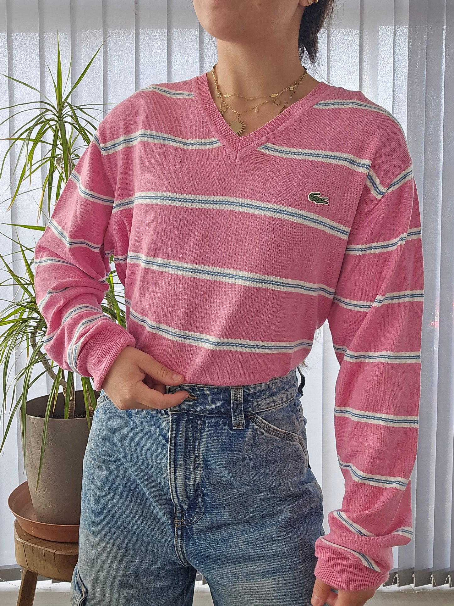 Pull en maille fine rose à rayures des années 90' - L/40