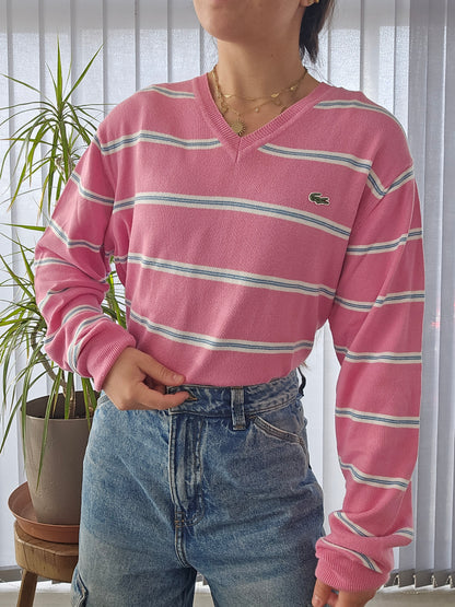 Pull en maille fine rose à rayures des années 90' - L/40