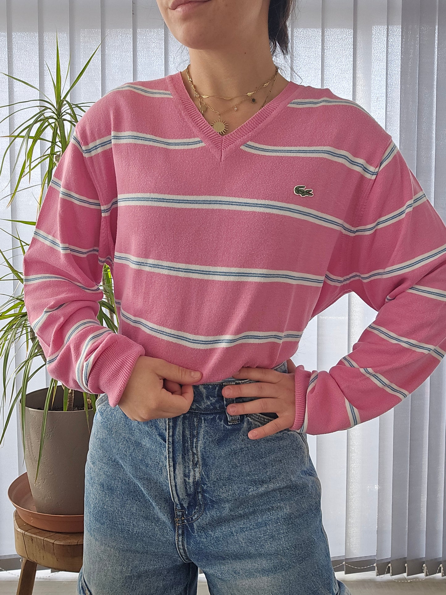 Pull en maille fine rose à rayures des années 90' - L/40