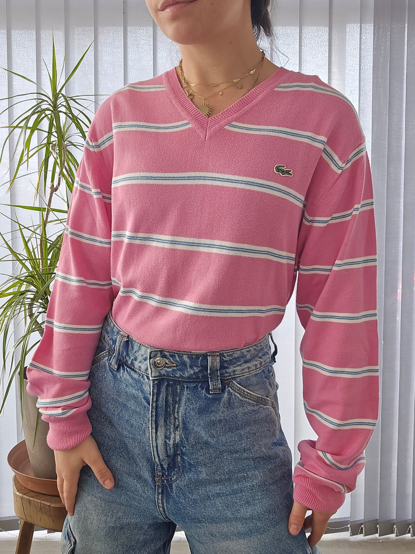 Pull en maille fine rose à rayures des années 90' - L/40