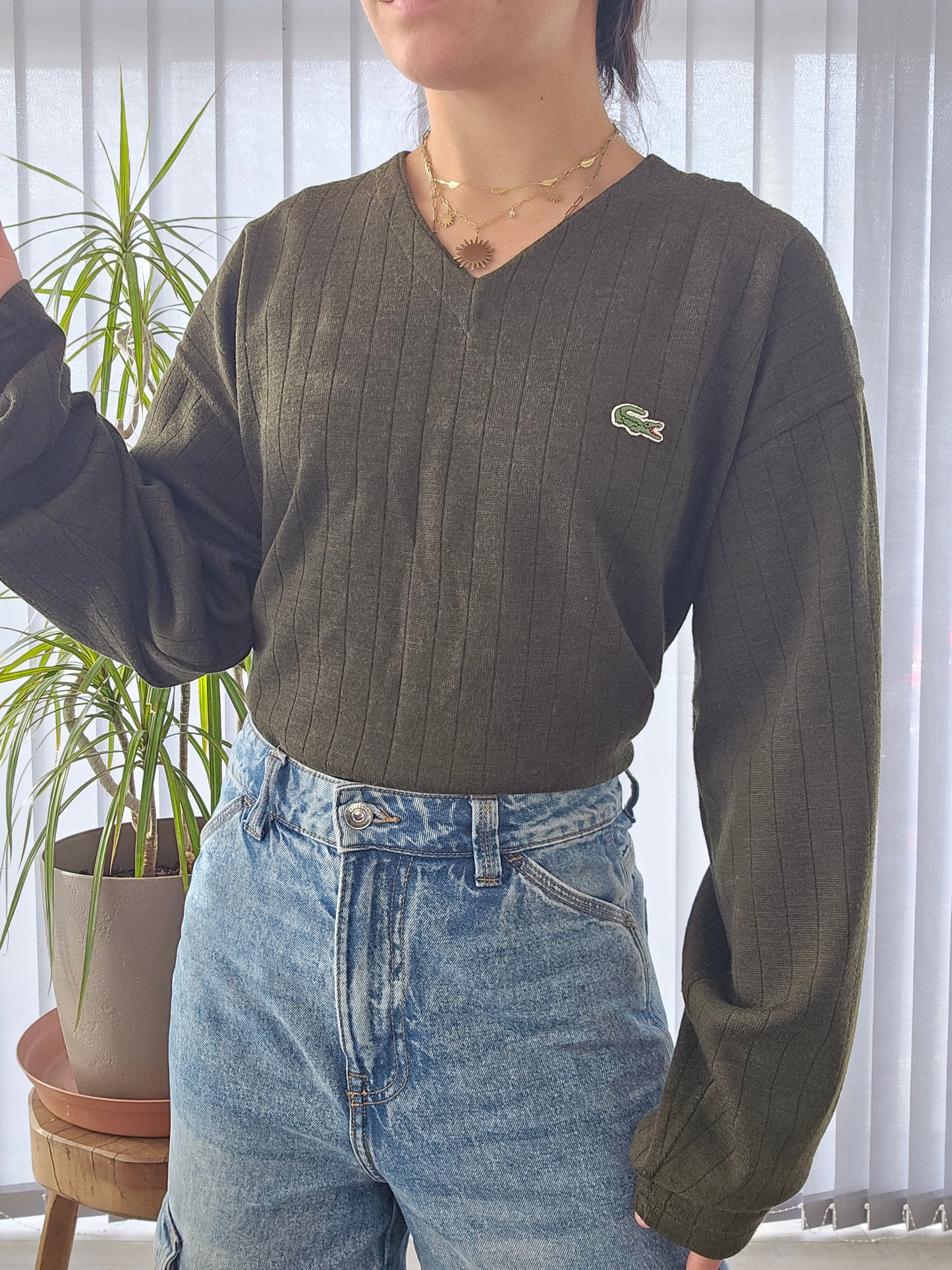 Pull col V kaki des années 80' - L/XL