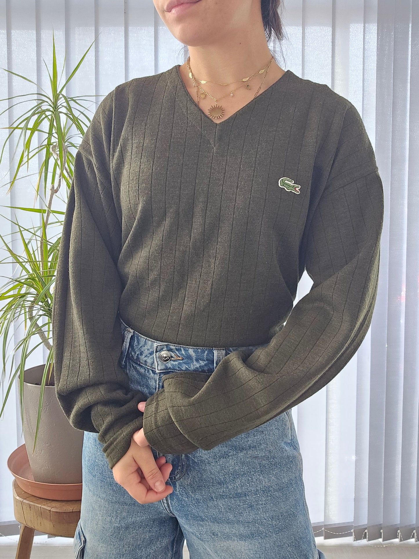 Pull col V kaki des années 80' - L/XL