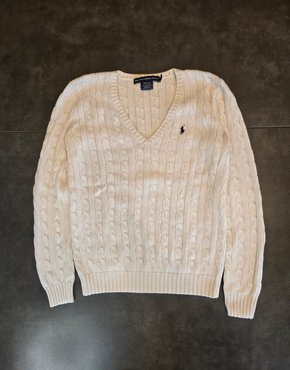 Pull col V en maille torsadée blanc - M/38