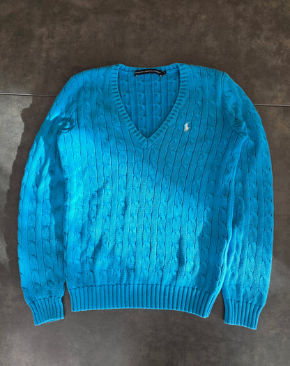 Pull col V en maille torsadée bleu - M/38