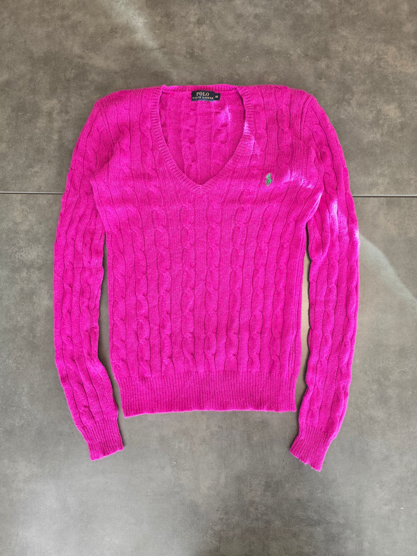 Pull col V en maille torsadée rose fushia - XS/34