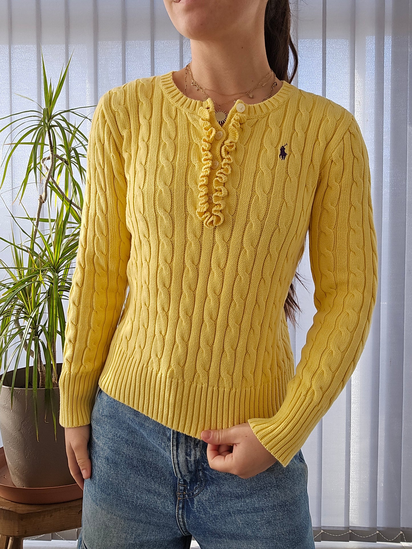 Pull en maille torsadée jaune - XS/34