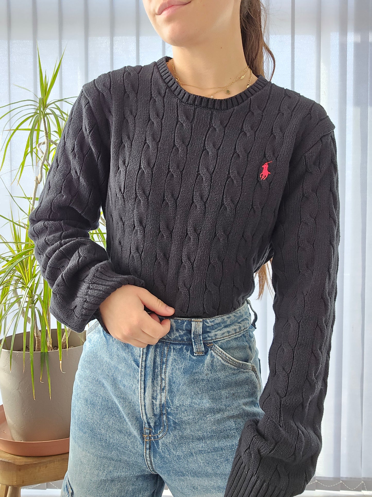 Pull en maille torsadée noire - XL/42