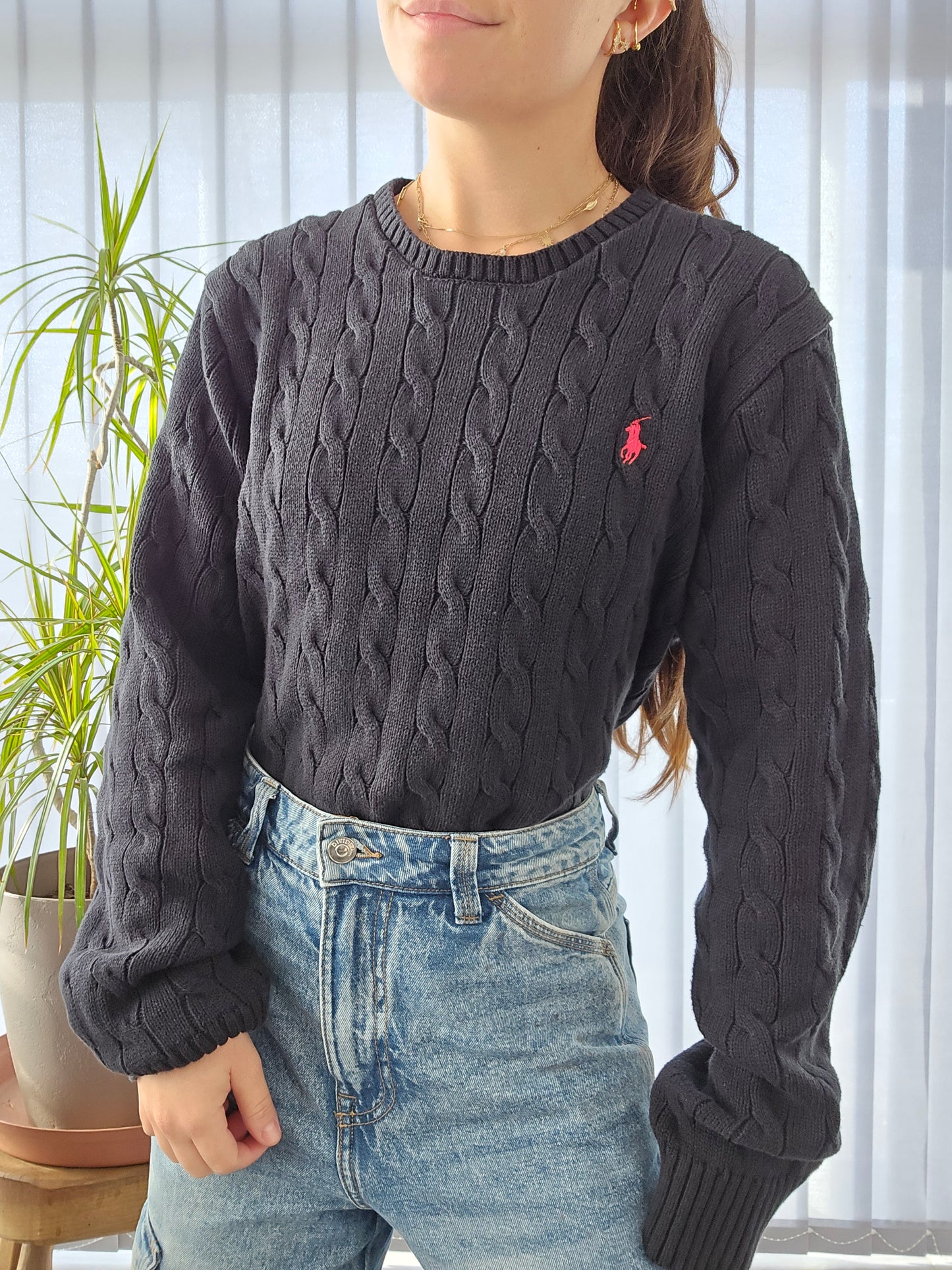 Pull en maille torsadée noire - XL/42