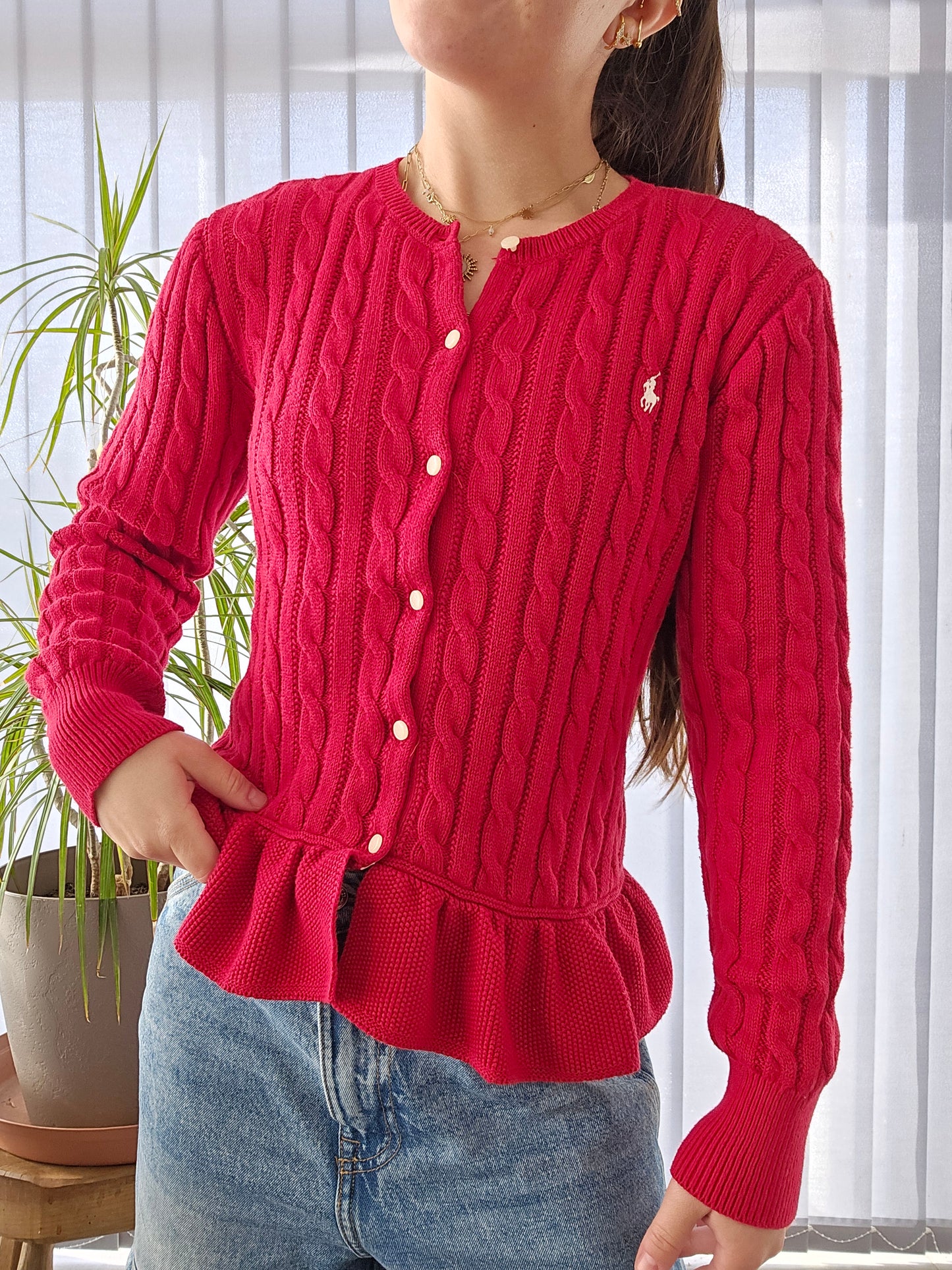 Cardigan en maille torsadée rouge - M/38