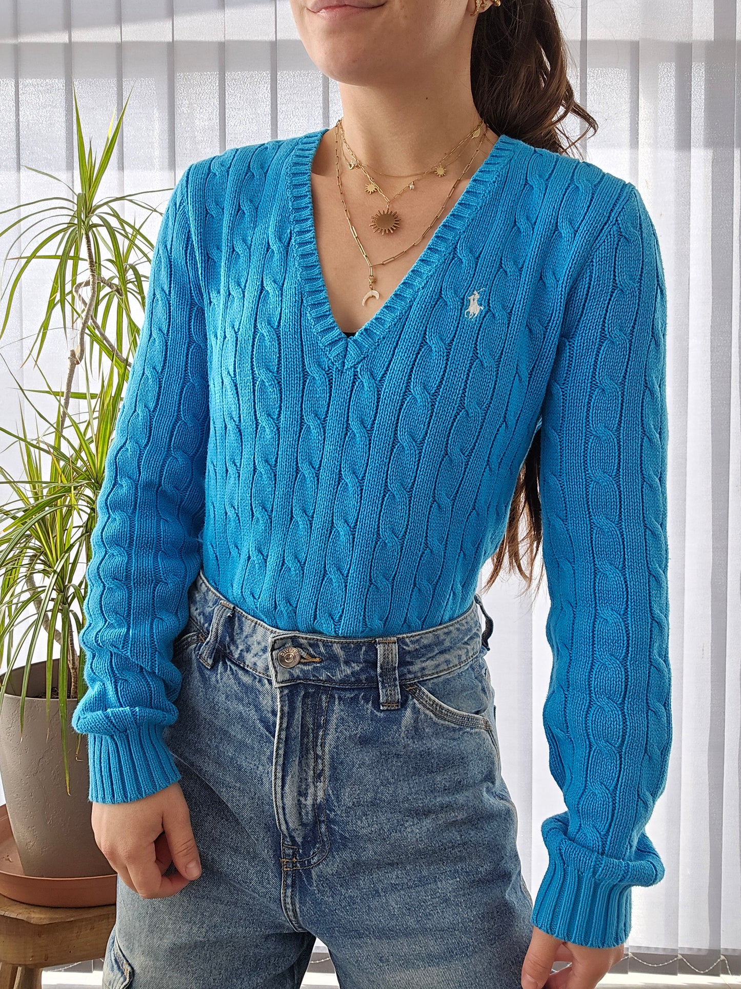 Pull col V en maille torsadée bleu - M/38