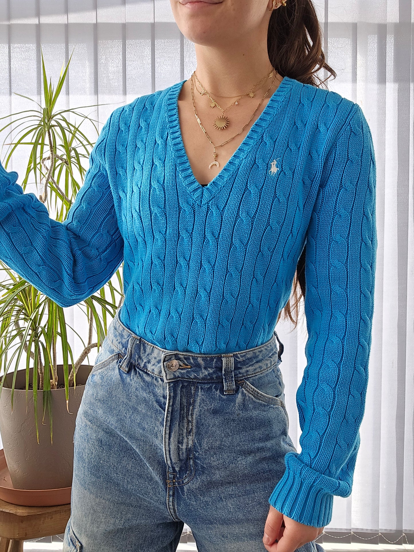 Pull col V en maille torsadée bleu - M/38