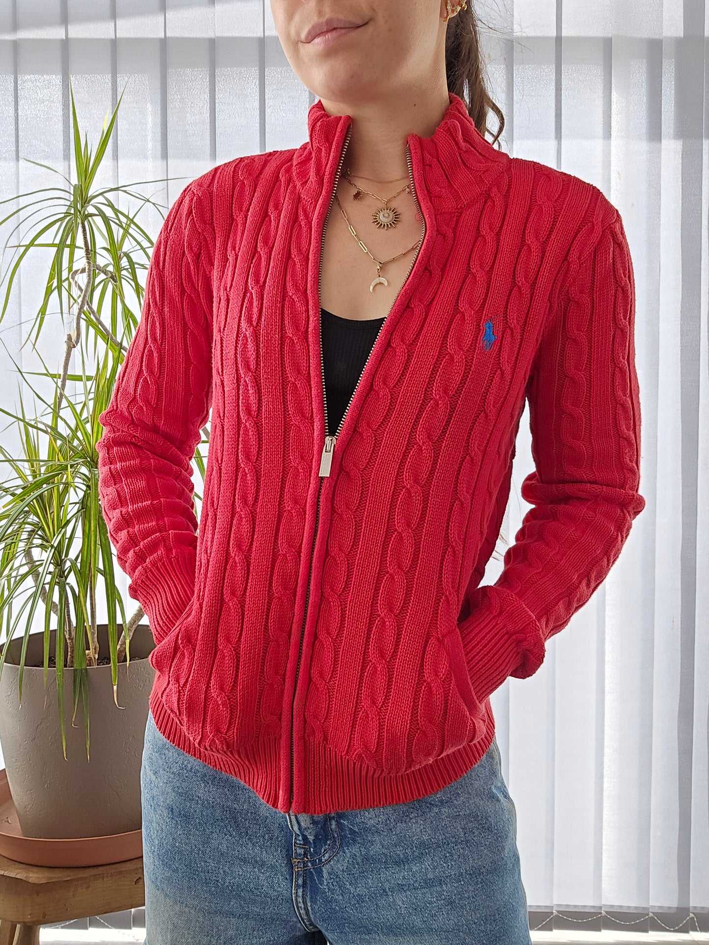 Veste en maille torsadée rouge - S/36