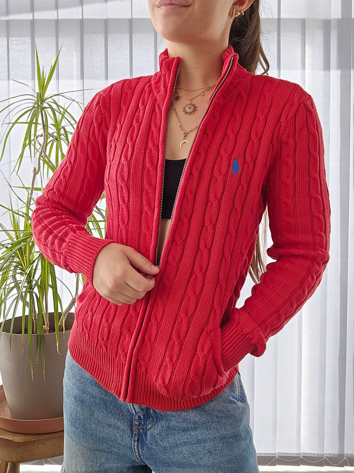 Veste en maille torsadée rouge - S/36