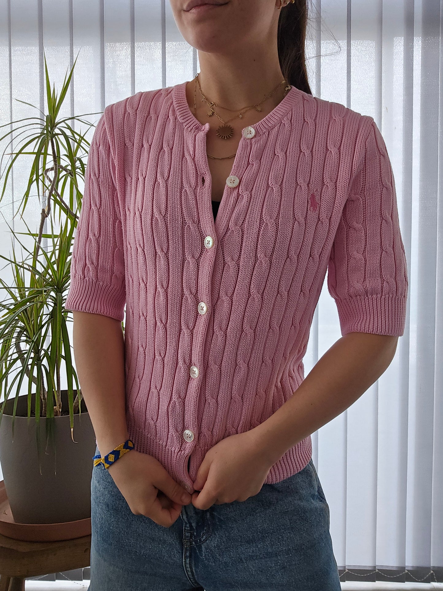 Cardigan en maille torsadée rose clair - M/38